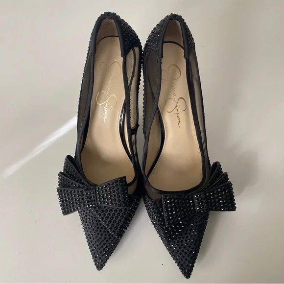 Jessica Simpson Ranika Black Studded Bow High Heels Size 9.5M Party Elegant - Picture 2 of 5